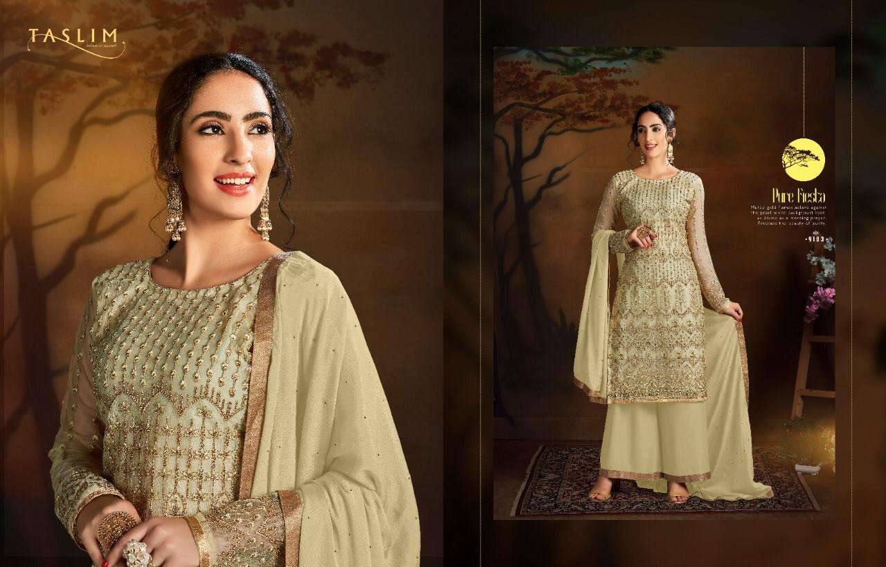 NAZAKAT BY TASLIM 9101 TO 9105 SERIES BEAUTIFUL SHARARA SUITS STYLISH FANCY COLORFUL PARTY WEAR & ETHNIC WEAR BUTTERFLY NET WITH HEAVY EMBROIDERY DRESSES AT WHOLESALE PRICE