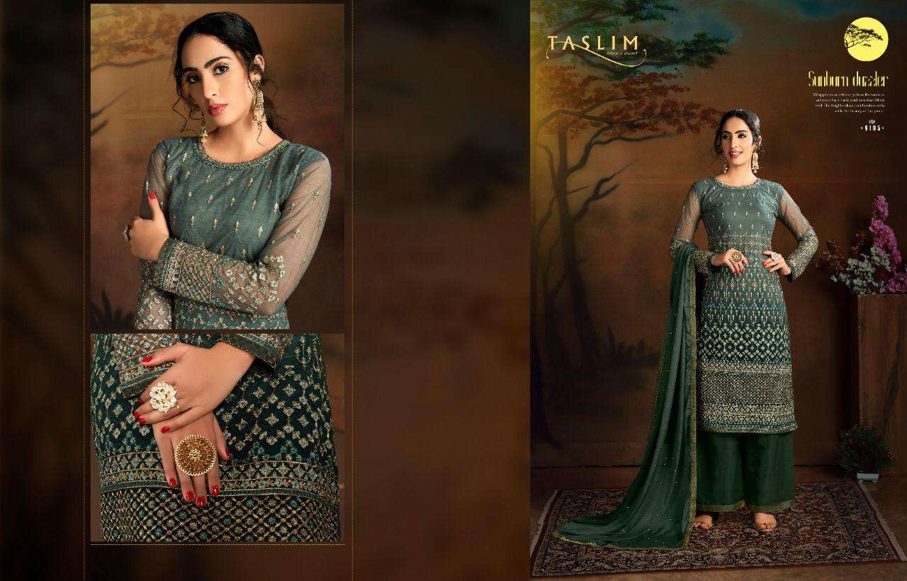 NAZAKAT BY TASLIM 9101 TO 9105 SERIES BEAUTIFUL SHARARA SUITS STYLISH FANCY COLORFUL PARTY WEAR & ETHNIC WEAR BUTTERFLY NET WITH HEAVY EMBROIDERY DRESSES AT WHOLESALE PRICE