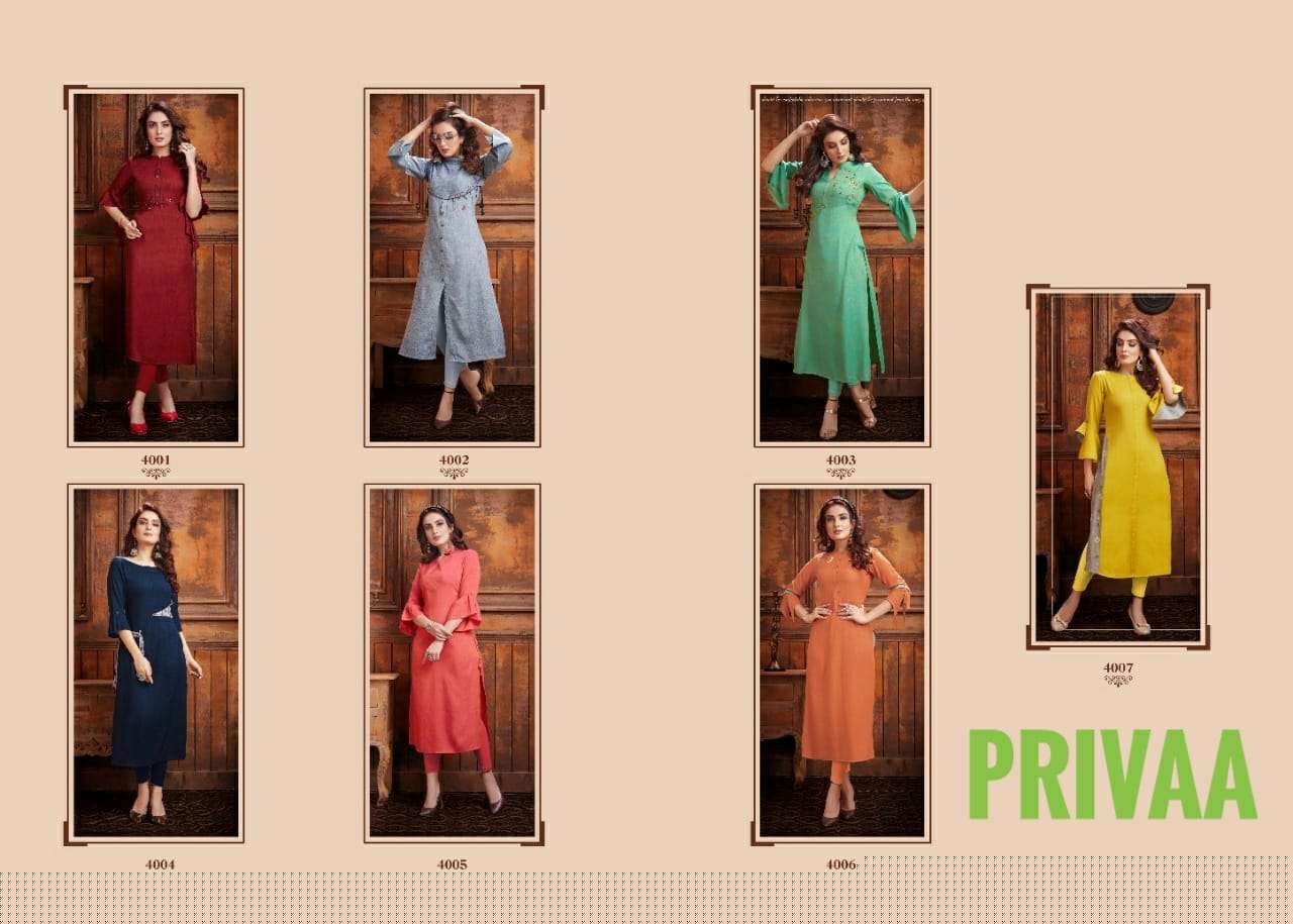 SEHER VOL-4 BY PRIVAA 4001 TO 4007 SERIES BEAUTIFUL STYLISH FANCY COLORFUL CASUAL WEAR & ETHNIC WEAR RAYON TWO TONE SLUB KURTIS AT WHOLESALE PRICE