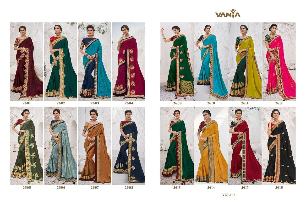 VANYA VOL-16 BY VANYA 2601 TO 2616 SERIES INDIAN TRADITIONAL WEAR COLLECTION BEAUTIFUL STYLISH FANCY COLORFUL PARTY WEAR & OCCASIONAL WEAR SATIN GEORGETTE SAREES AT WHOLESALE PRICE