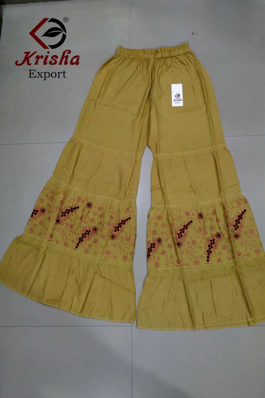 WORK SARARA VOL-2 BY KRISHA EXPORTS 01 TO 09 BEAUTIFUL STYLISH COLORFUL FANCY PARTY WEAR & ETHNIC WEAR & READY TO WEAR 14 KG RAYON PALAZZO AT WHOLESALE PRICE