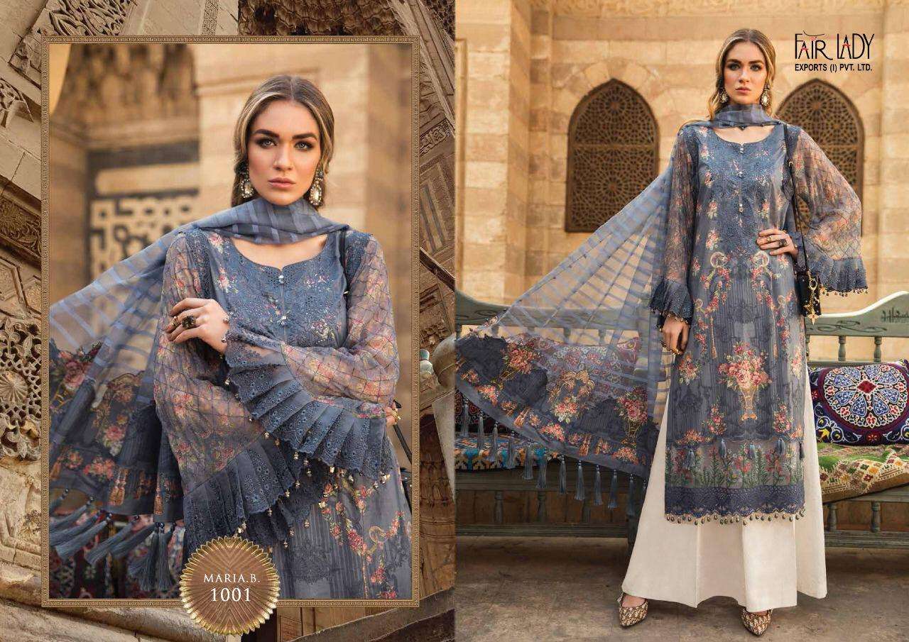 MARIA.B.LAWN BY FAIR LADY 1001 TO 1004 SERIES DESIGNER PAKISTANI SUITS BEAUTIFUL STYLISH FANCY COLORFUL PARTY WEAR & OCCASIONAL WEAR JAM SATIN WITH EMBROIDERY DRESSES AT WHOLESALE PRICE