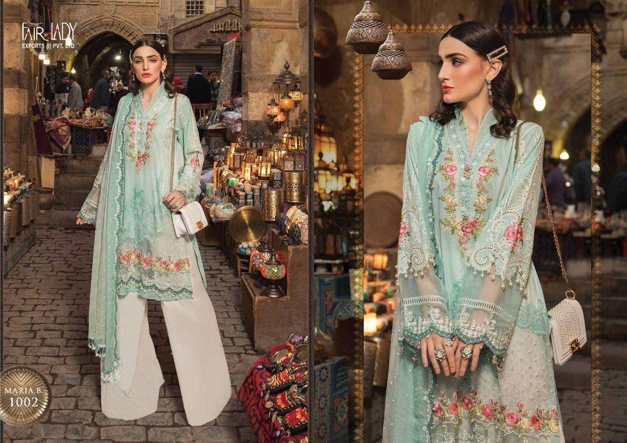 MARIA.B.LAWN BY FAIR LADY 1001 TO 1004 SERIES DESIGNER PAKISTANI SUITS BEAUTIFUL STYLISH FANCY COLORFUL PARTY WEAR & OCCASIONAL WEAR JAM SATIN WITH EMBROIDERY DRESSES AT WHOLESALE PRICE