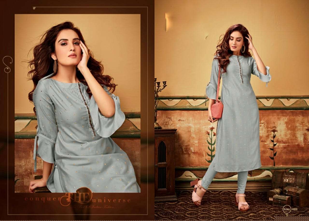 NIRVANA BY PRIVAA 1001 TO 1005 SERIES BEAUTIFUL STYLISH FANCY COLORFUL CASUAL WEAR & ETHNIC WEAR VISCOSE MULIN KURTIS AT WHOLESALE PRICE