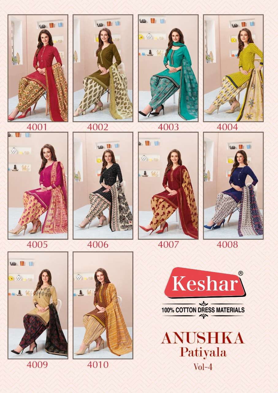 ANUSHKA PATIYALA VOL-4 BY KESHAR 4001 TO 4010 SERIES BEAUTIFUL PATIYALA SUITS STYLISH FANCY COLORFUL PARTY WEAR & OCCASIONAL WEAR PURE COTTON PRINTED DRESSES AT WHOLESALE PRICE