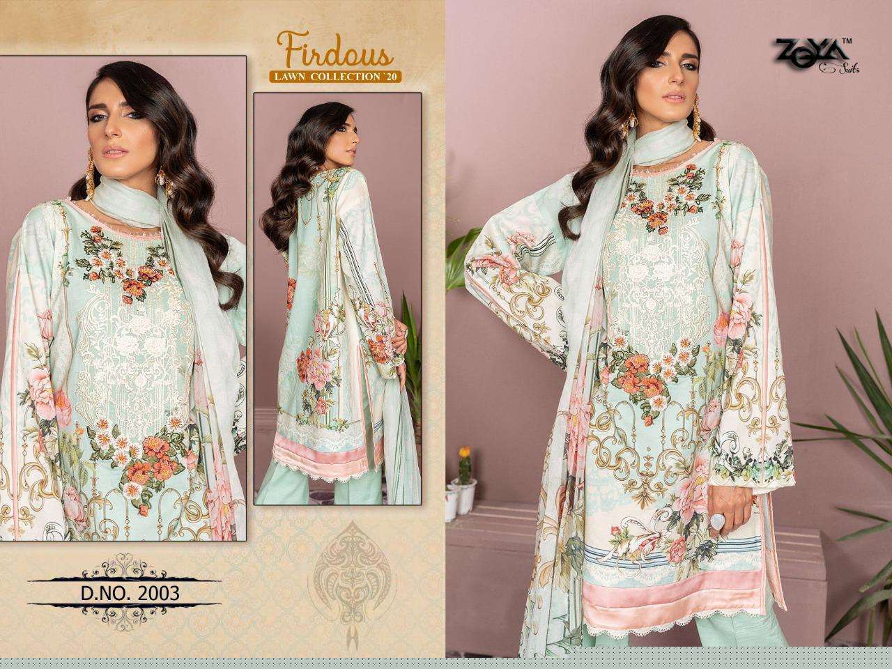 FIRDOUD LAWN COLLECTION 20 BY ZOYA SUITS 2001 TO 2005 SERIES PAKISTANI SUITS BEAUTIFUL FANCY COLORFUL STYLISH PARTY WEAR & OCCASIONAL WEAR JAM COTTON PRINTED WITH EMBROIDERY DRESSES AT WHOLESALE PRICE
