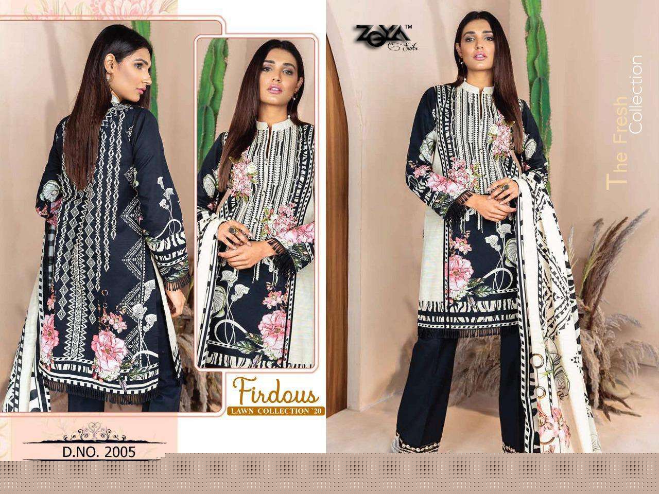 FIRDOUD LAWN COLLECTION 20 BY ZOYA SUITS 2001 TO 2005 SERIES PAKISTANI SUITS BEAUTIFUL FANCY COLORFUL STYLISH PARTY WEAR & OCCASIONAL WEAR JAM COTTON PRINTED WITH EMBROIDERY DRESSES AT WHOLESALE PRICE