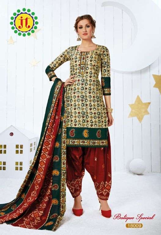 BATIQUE SPECIAL BY JT 18001 TO 18012 SERIES BEAUTIFUL SUITS STYLISH FANCY COLORFUL PARTY WEAR & OCCASIONAL WEAR PURE COTTON PRINTED DRESSES AT WHOLESALE PRICE