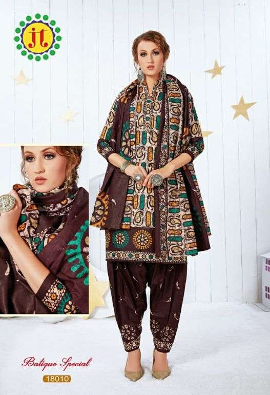 BATIQUE SPECIAL BY JT 18001 TO 18012 SERIES BEAUTIFUL SUITS STYLISH FANCY COLORFUL PARTY WEAR & OCCASIONAL WEAR PURE COTTON PRINTED DRESSES AT WHOLESALE PRICE