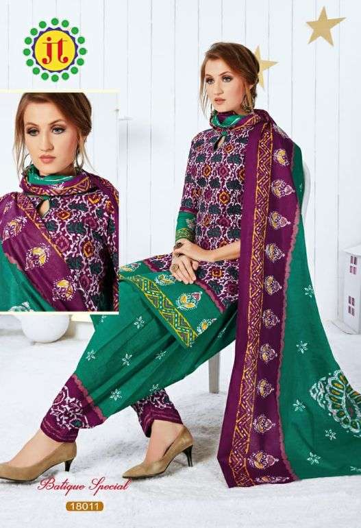 BATIQUE SPECIAL BY JT 18001 TO 18012 SERIES BEAUTIFUL SUITS STYLISH FANCY COLORFUL PARTY WEAR & OCCASIONAL WEAR PURE COTTON PRINTED DRESSES AT WHOLESALE PRICE