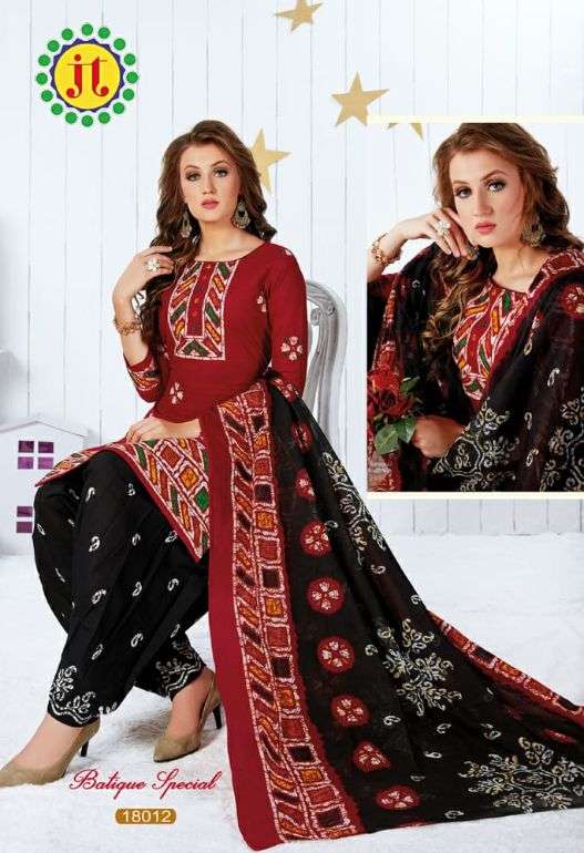 BATIQUE SPECIAL BY JT 18001 TO 18012 SERIES BEAUTIFUL SUITS STYLISH FANCY COLORFUL PARTY WEAR & OCCASIONAL WEAR PURE COTTON PRINTED DRESSES AT WHOLESALE PRICE