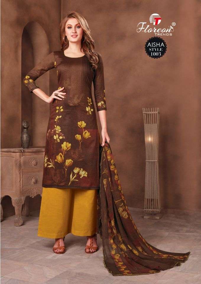 AISHA BY FLOREON TRENDS 1001 TO 1010 SERIES BEAUTIFUL SUITS STYLISH FANCY COLORFUL PARTY WEAR & OCCASIONAL WEAR HEAVY GLAZE COTTON SATIN PRINTED DRESSES AT WHOLESALE PRICE