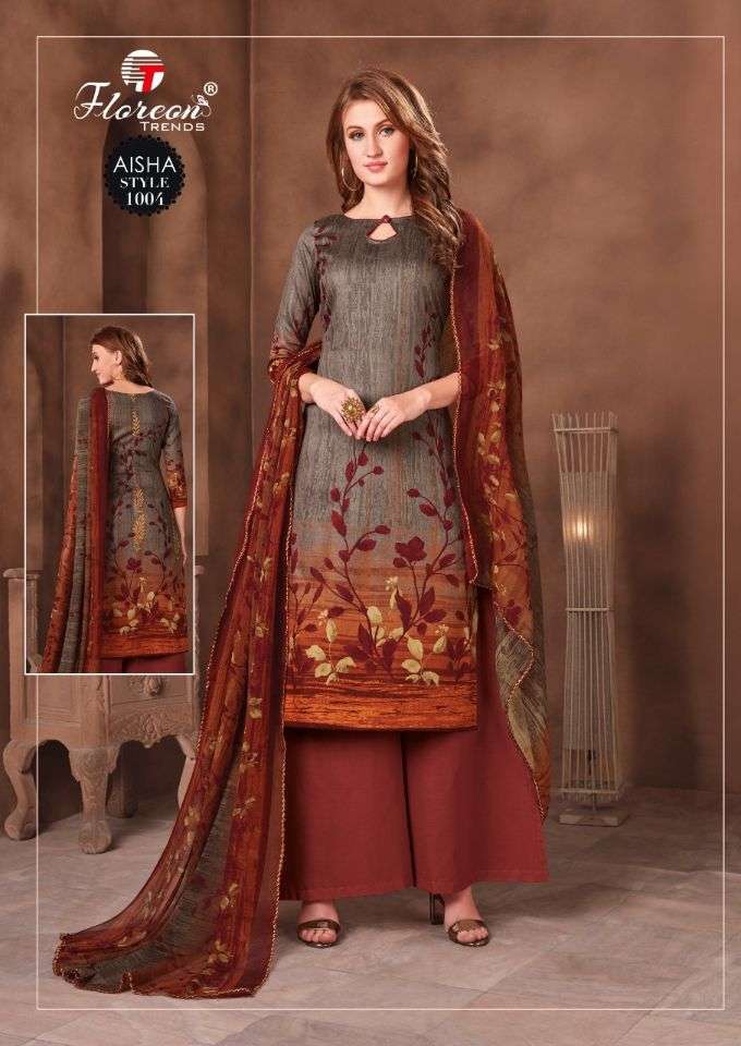 AISHA BY FLOREON TRENDS 1001 TO 1010 SERIES BEAUTIFUL SUITS STYLISH FANCY COLORFUL PARTY WEAR & OCCASIONAL WEAR HEAVY GLAZE COTTON SATIN PRINTED DRESSES AT WHOLESALE PRICE