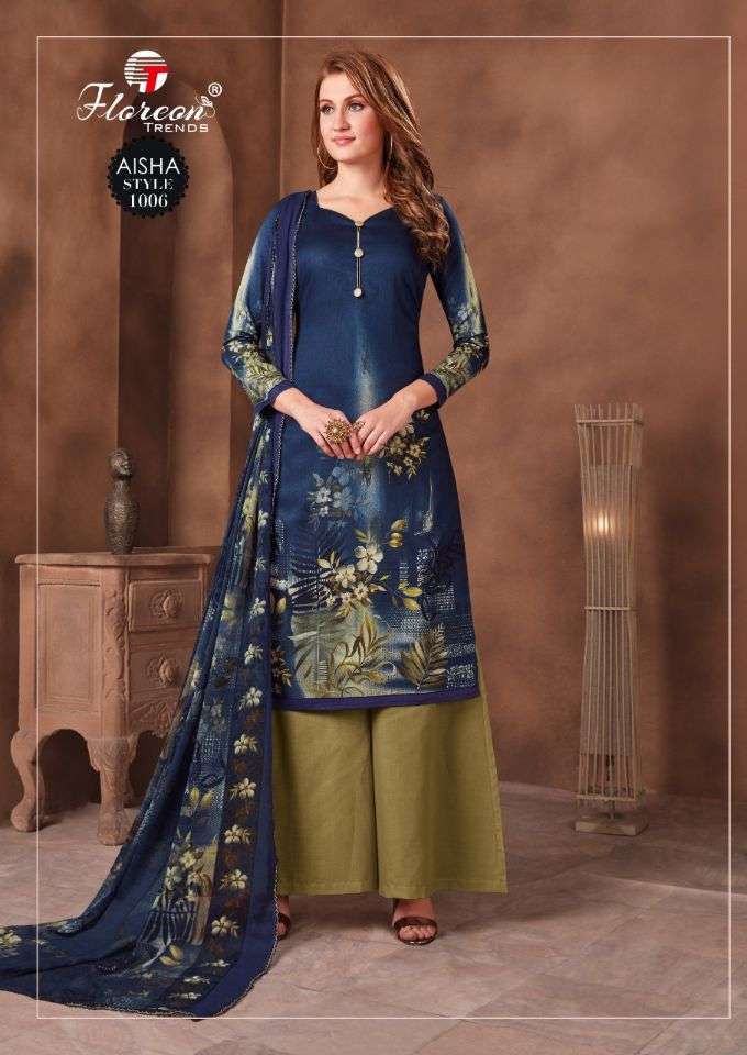 AISHA BY FLOREON TRENDS 1001 TO 1010 SERIES BEAUTIFUL SUITS STYLISH FANCY COLORFUL PARTY WEAR & OCCASIONAL WEAR HEAVY GLAZE COTTON SATIN PRINTED DRESSES AT WHOLESALE PRICE