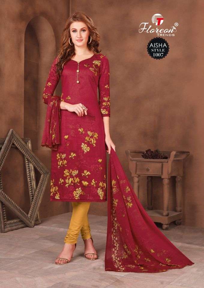 AISHA BY FLOREON TRENDS 1001 TO 1010 SERIES BEAUTIFUL SUITS STYLISH FANCY COLORFUL PARTY WEAR & OCCASIONAL WEAR HEAVY GLAZE COTTON SATIN PRINTED DRESSES AT WHOLESALE PRICE