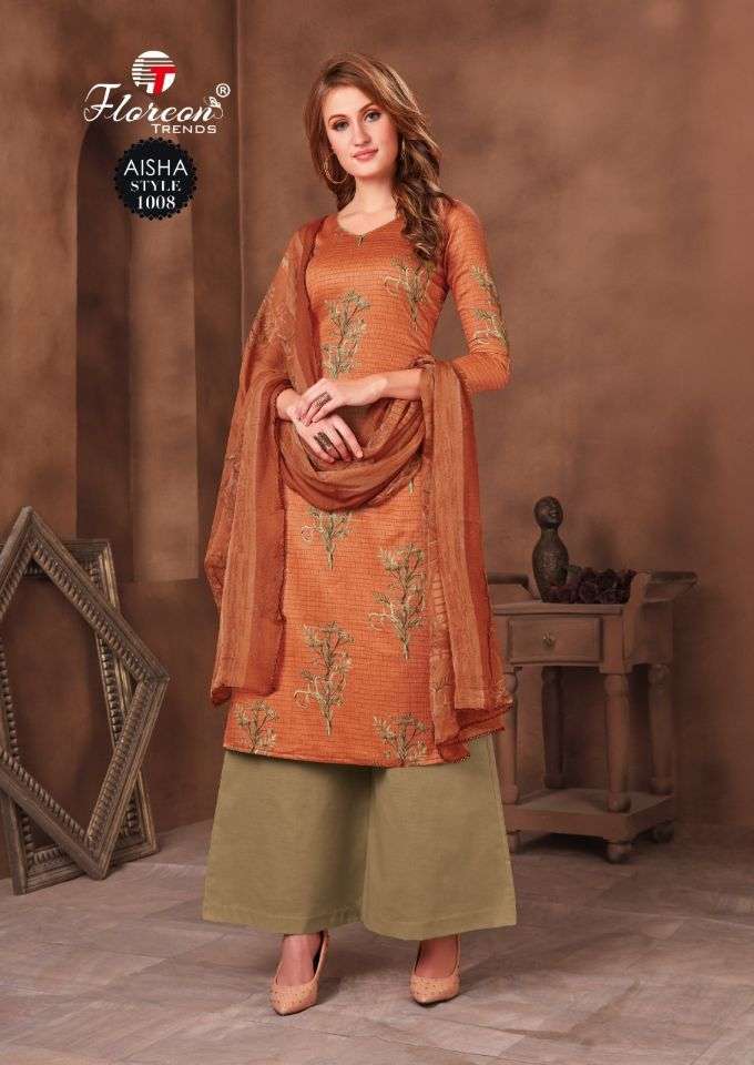 AISHA BY FLOREON TRENDS 1001 TO 1010 SERIES BEAUTIFUL SUITS STYLISH FANCY COLORFUL PARTY WEAR & OCCASIONAL WEAR HEAVY GLAZE COTTON SATIN PRINTED DRESSES AT WHOLESALE PRICE