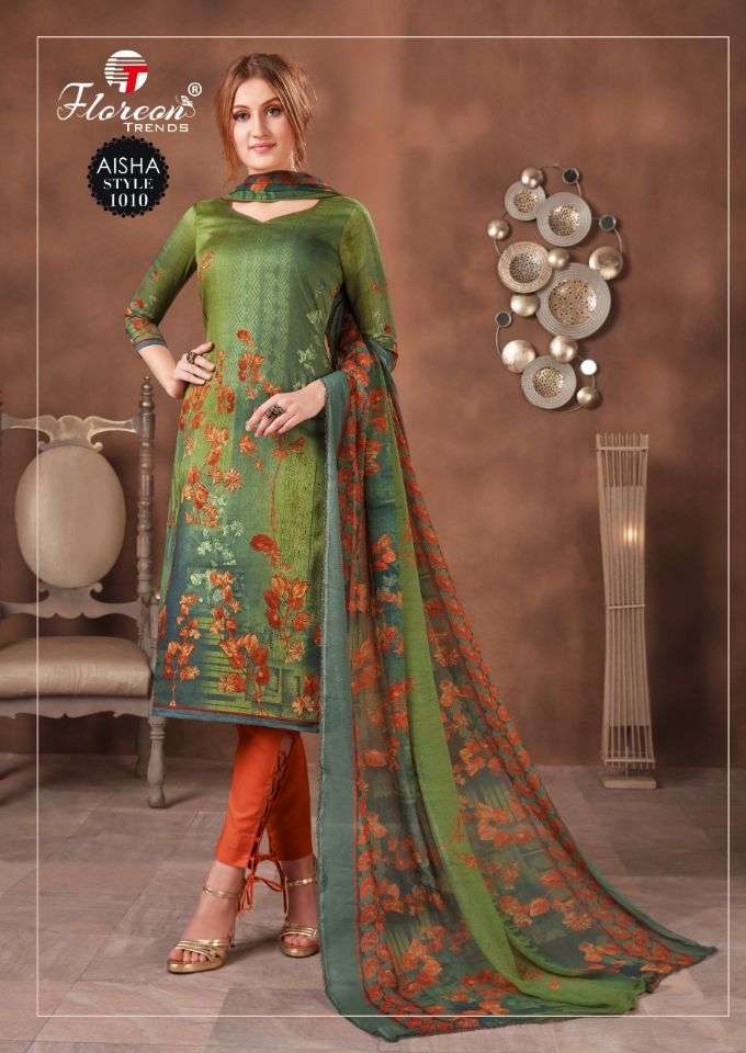 AISHA BY FLOREON TRENDS 1001 TO 1010 SERIES BEAUTIFUL SUITS STYLISH FANCY COLORFUL PARTY WEAR & OCCASIONAL WEAR HEAVY GLAZE COTTON SATIN PRINTED DRESSES AT WHOLESALE PRICE