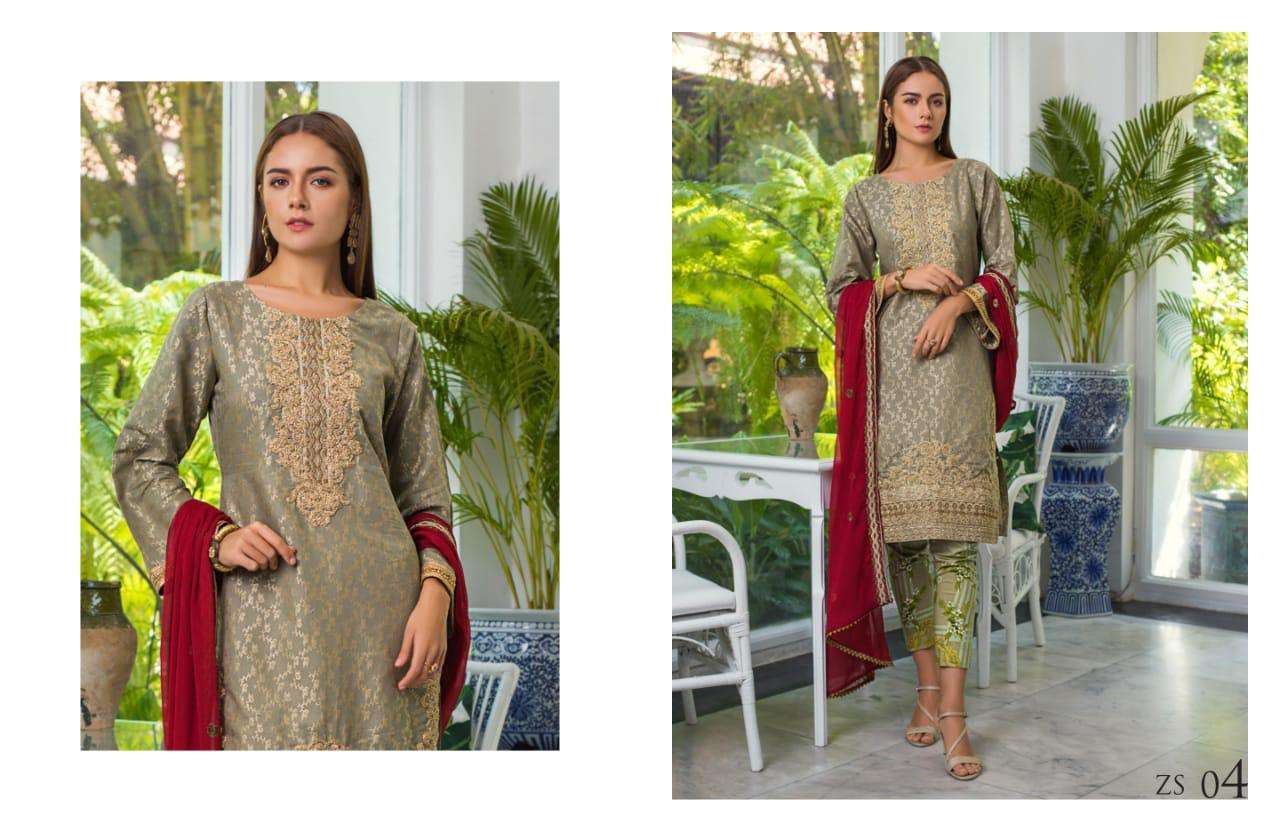 JAIPUR JACQUARD BY ZS TEXTILE 01 TO 08 SERIES BEAUTIFUL SUITS STYLISH FANCY COLORFUL PARTY WEAR & OCCASIONAL WEAR JAIPUR JACQUARD EMBROIDERED DRESSES AT WHOLESALE PRICE