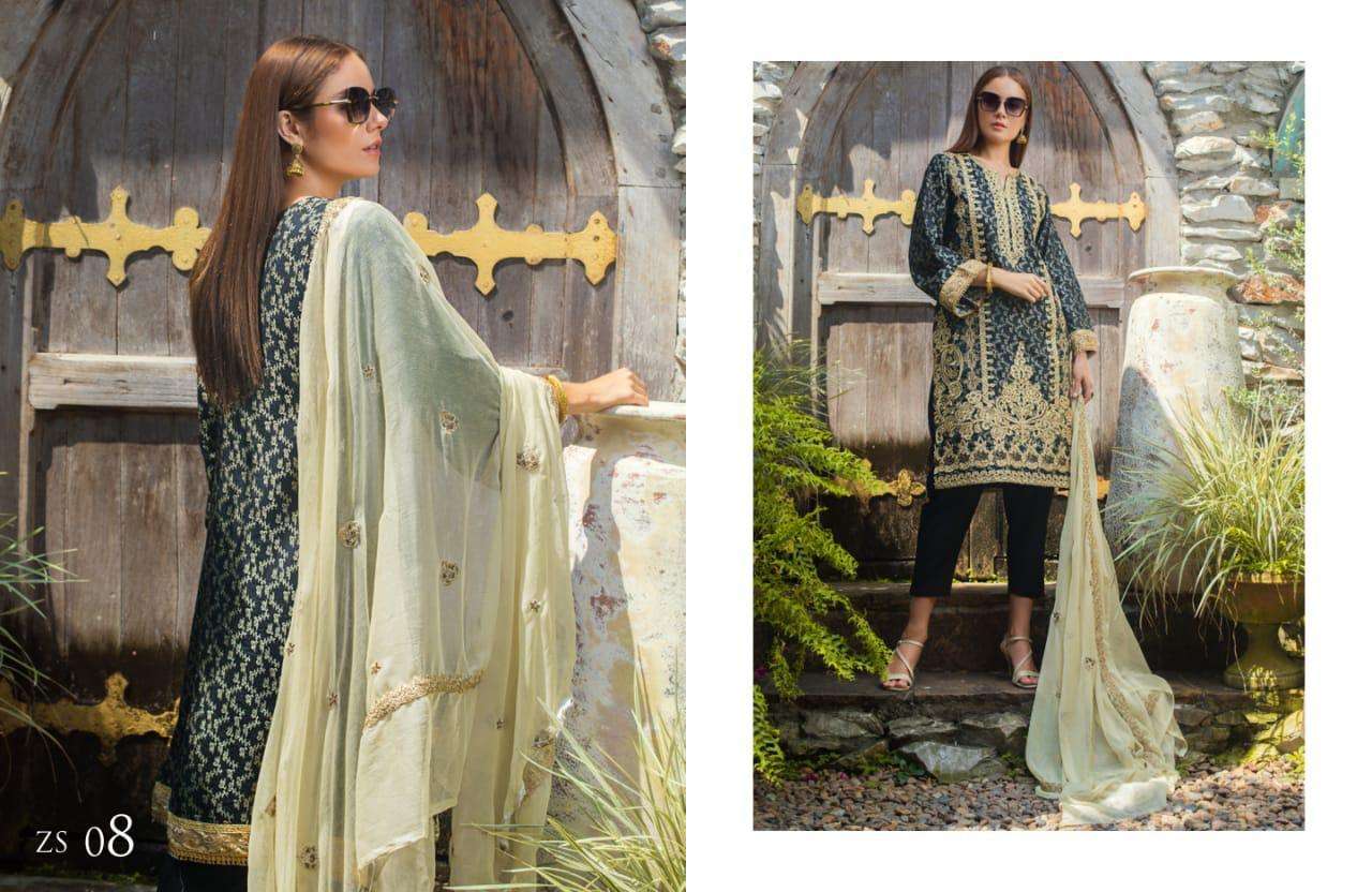 JAIPUR JACQUARD BY ZS TEXTILE 01 TO 08 SERIES BEAUTIFUL SUITS STYLISH FANCY COLORFUL PARTY WEAR & OCCASIONAL WEAR JAIPUR JACQUARD EMBROIDERED DRESSES AT WHOLESALE PRICE
