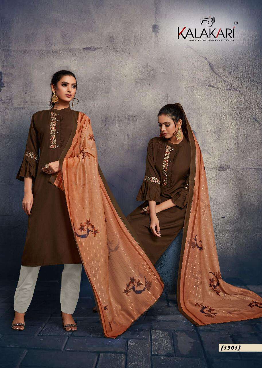 CHIGI WIGI VOL-15 BY KALAKARI 1501 TO 1505 SERIES BEAUTIFUL STYLISH FANCY COLORFUL CASUAL WEAR & ETHNIC WEAR & READY TO WEAR PURE VISCOSE MUSLIN EMBROIDERY KURTIS WITH DUPATTA AT WHOLESALE PRICE