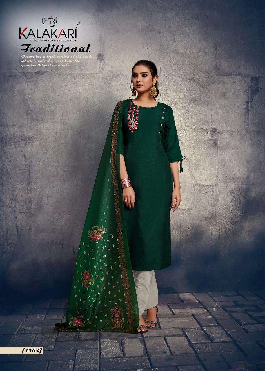 CHIGI WIGI VOL-15 BY KALAKARI 1501 TO 1505 SERIES BEAUTIFUL STYLISH FANCY COLORFUL CASUAL WEAR & ETHNIC WEAR & READY TO WEAR PURE VISCOSE MUSLIN EMBROIDERY KURTIS WITH DUPATTA AT WHOLESALE PRICE
