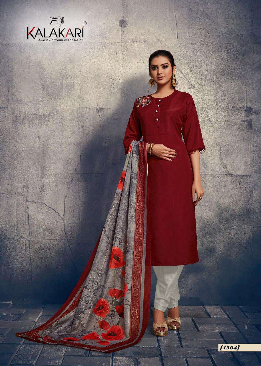 CHIGI WIGI VOL-15 BY KALAKARI 1501 TO 1505 SERIES BEAUTIFUL STYLISH FANCY COLORFUL CASUAL WEAR & ETHNIC WEAR & READY TO WEAR PURE VISCOSE MUSLIN EMBROIDERY KURTIS WITH DUPATTA AT WHOLESALE PRICE