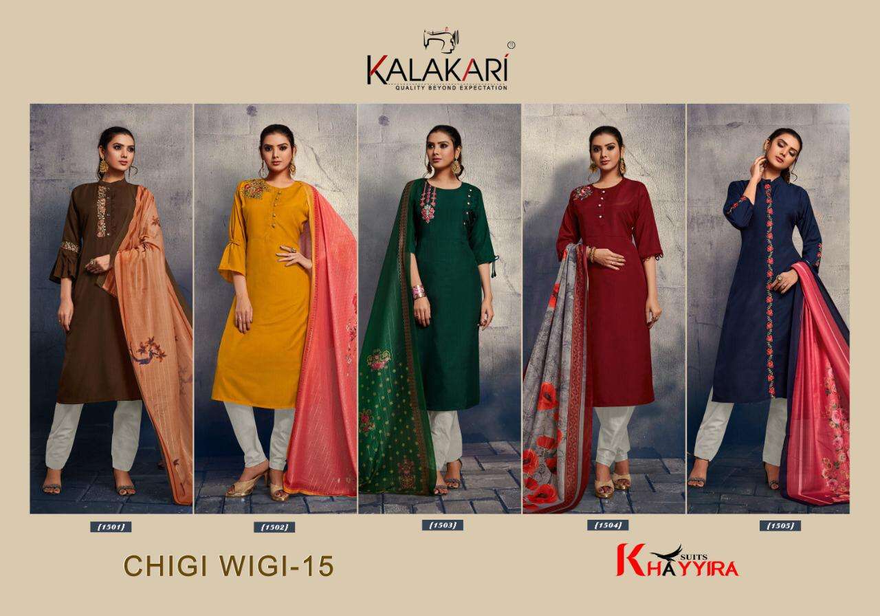 CHIGI WIGI VOL-15 BY KALAKARI 1501 TO 1505 SERIES BEAUTIFUL STYLISH FANCY COLORFUL CASUAL WEAR & ETHNIC WEAR & READY TO WEAR PURE VISCOSE MUSLIN EMBROIDERY KURTIS WITH DUPATTA AT WHOLESALE PRICE