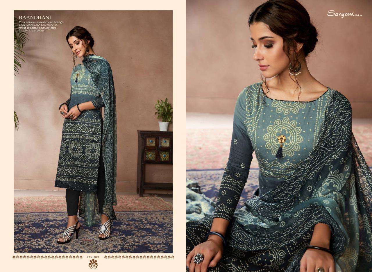 BAANDHANI VOL-2 BY SARGAM PRINTS 123-001 TO 123-010 SERIES BEAUTIFUL SUITS STYLISH FANCY COLORFUL PARTY WEAR & OCCASIONAL WEAR JAM SATIN PRINTED DRESSES AT WHOLESALE PRICE