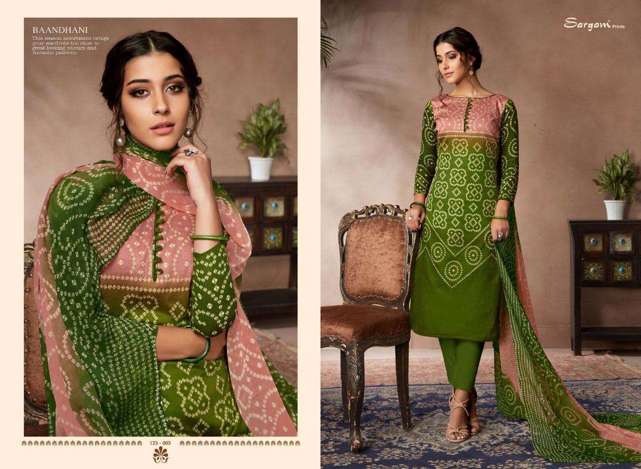 BAANDHANI VOL-2 BY SARGAM PRINTS 123-001 TO 123-010 SERIES BEAUTIFUL SUITS STYLISH FANCY COLORFUL PARTY WEAR & OCCASIONAL WEAR JAM SATIN PRINTED DRESSES AT WHOLESALE PRICE