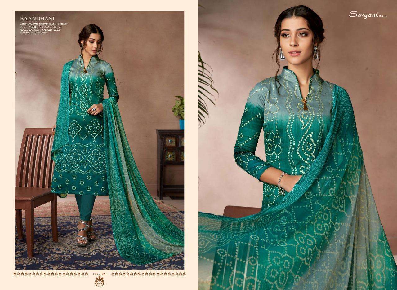 BAANDHANI VOL-2 BY SARGAM PRINTS 123-001 TO 123-010 SERIES BEAUTIFUL SUITS STYLISH FANCY COLORFUL PARTY WEAR & OCCASIONAL WEAR JAM SATIN PRINTED DRESSES AT WHOLESALE PRICE