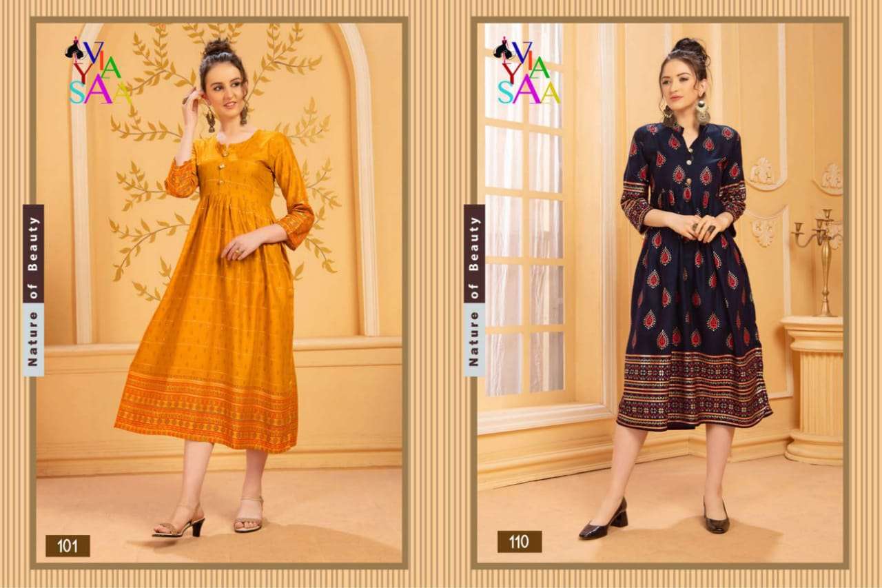 MISHIKA BY VIYASAA 101 TO 110 SERIES BEAUTIFUL STYLISH FANCY COLORFUL CASUAL WEAR & ETHNIC WEAR & READY TO WEAR MAGIC RAYON PRINTED KURTIS AT WHOLESALE PRICE