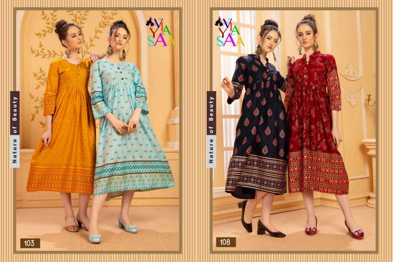 MISHIKA BY VIYASAA 101 TO 110 SERIES BEAUTIFUL STYLISH FANCY COLORFUL CASUAL WEAR & ETHNIC WEAR & READY TO WEAR MAGIC RAYON PRINTED KURTIS AT WHOLESALE PRICE