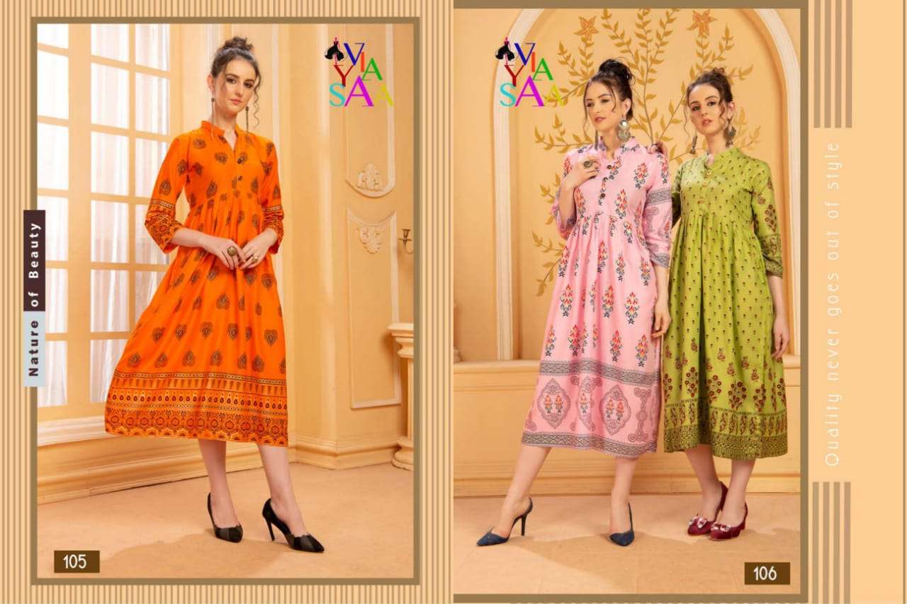 MISHIKA BY VIYASAA 101 TO 110 SERIES BEAUTIFUL STYLISH FANCY COLORFUL CASUAL WEAR & ETHNIC WEAR & READY TO WEAR MAGIC RAYON PRINTED KURTIS AT WHOLESALE PRICE