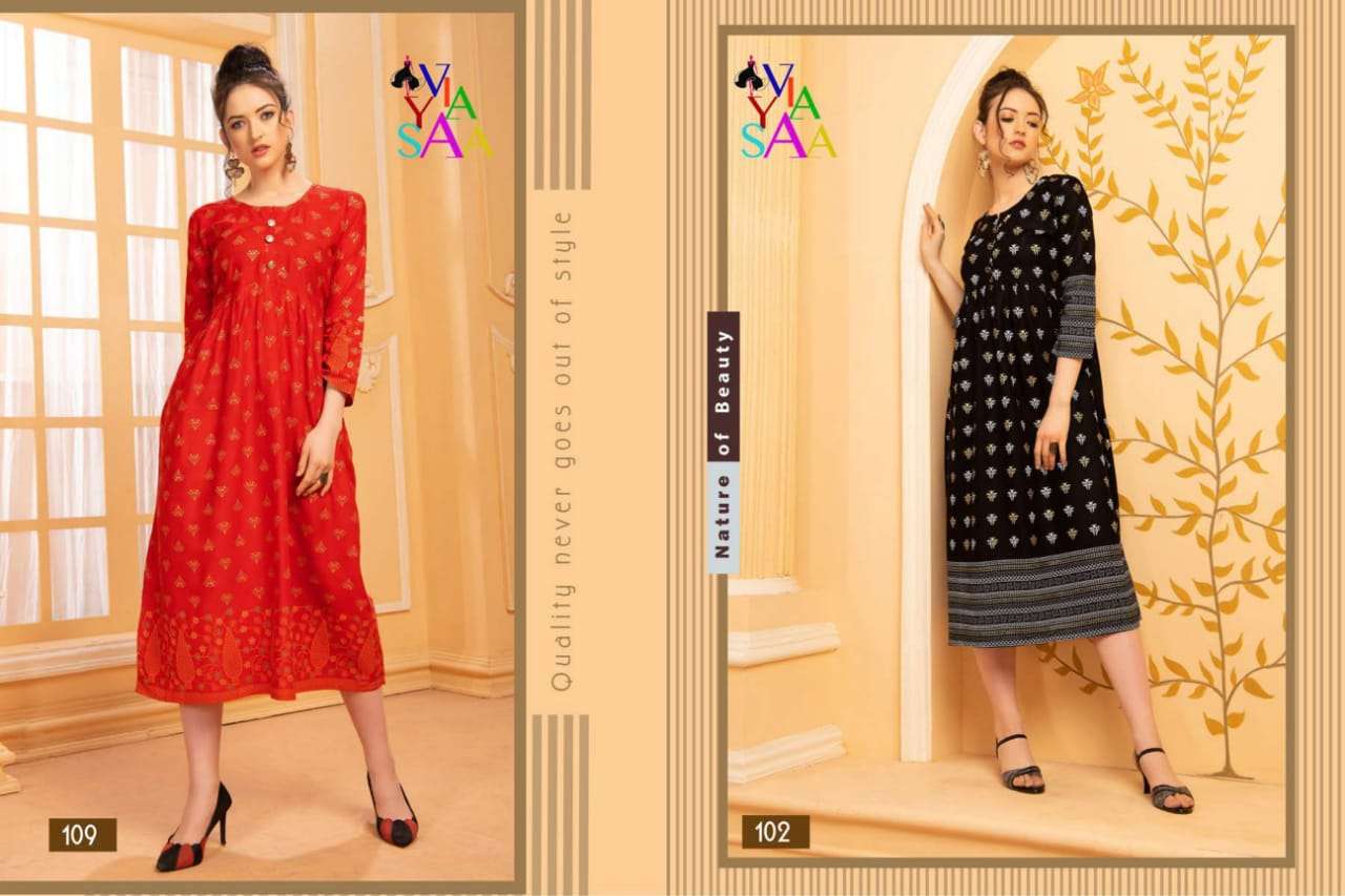 MISHIKA BY VIYASAA 101 TO 110 SERIES BEAUTIFUL STYLISH FANCY COLORFUL CASUAL WEAR & ETHNIC WEAR & READY TO WEAR MAGIC RAYON PRINTED KURTIS AT WHOLESALE PRICE
