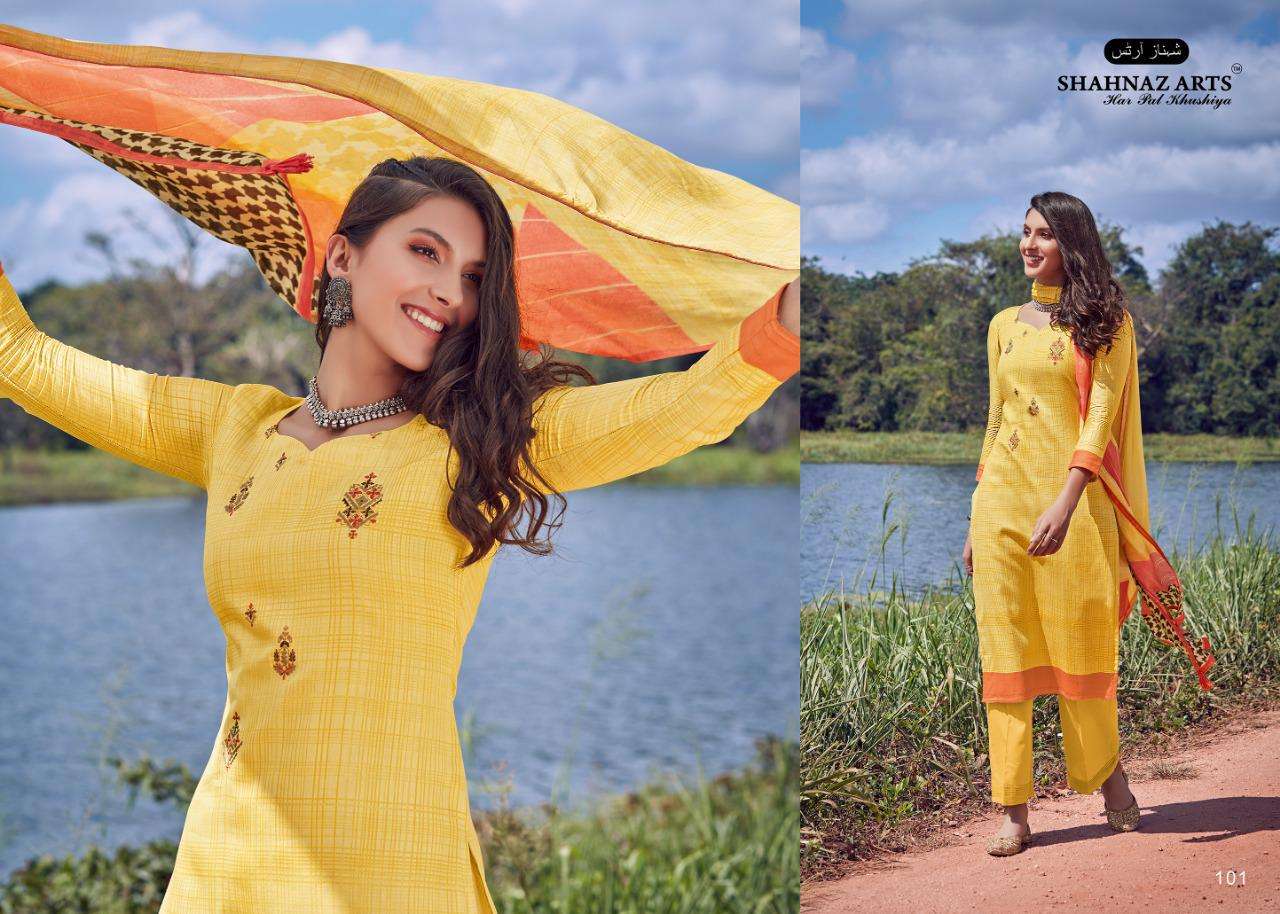 ENARA BY SHANAZ ART 101 TO 106 SERIES SUITS BEAUTIFUL FANCY COLORFUL STYLISH PARTY WEAR & OCCASIONAL WEAR PURE JAM SILK COTTON WITH EMBROIDERY DRESSES AT WHOLESALE PRICE
