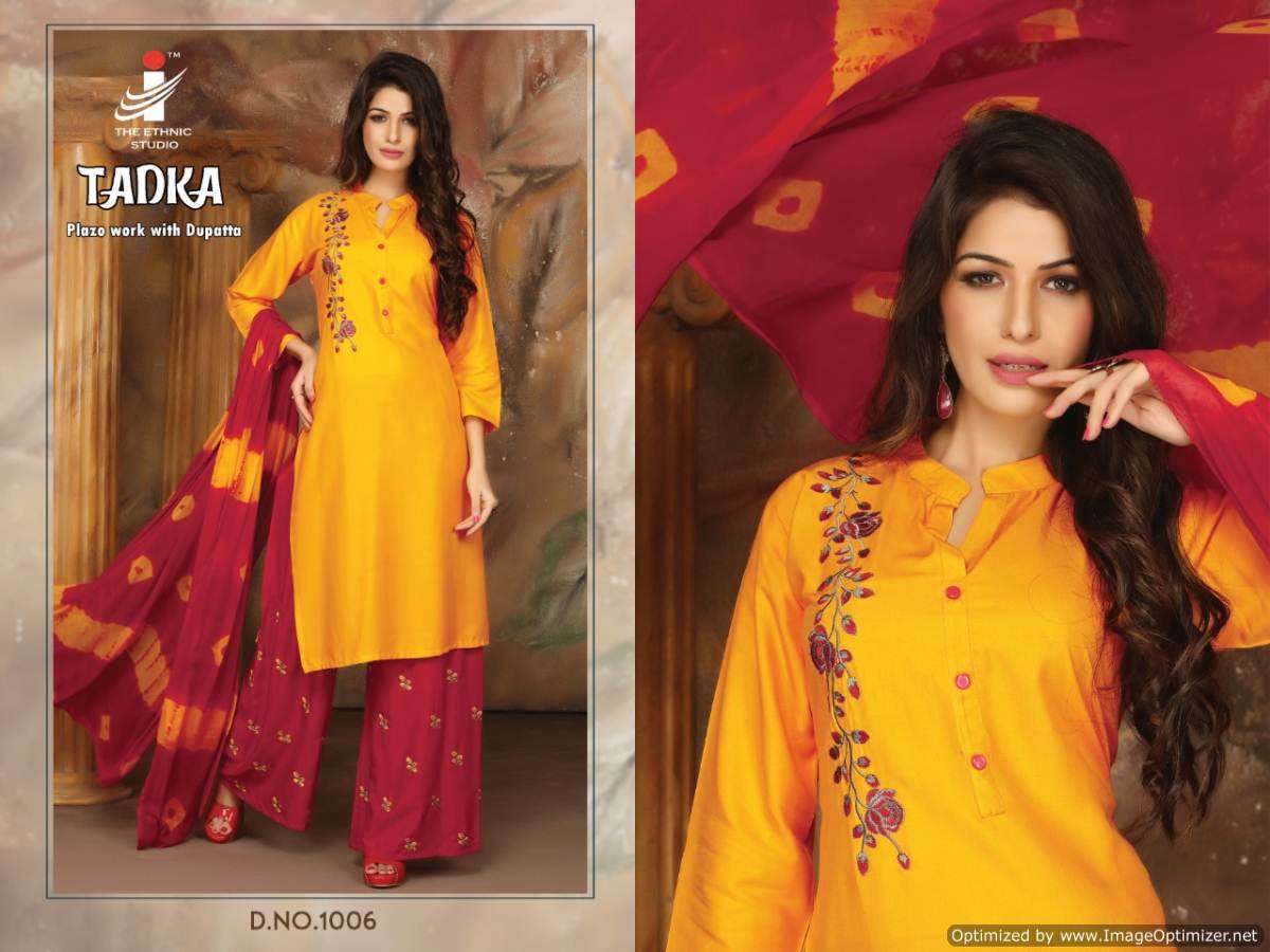 TADKA BY THE ETHNIC STUDIO 1001 TO 1008 SERIES BEAUTIFUL SUITS STYLISH FANCY COLORFUL PARTY WEAR & ETHNIC WEAR HEAVY RAYON WITH EMBROIDERY DRESSES AT WHOLESALE PRICE
