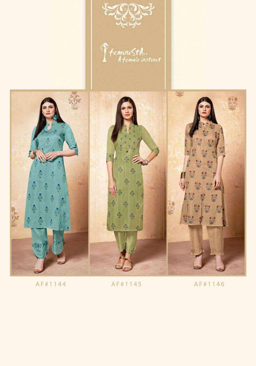 West Side By Feminista 1141 To 1146 Series Indian Traditional Wear Collection Beautiful Stylish Fancy Colorful Party Wear & Occasional Wear Linen Satin Kurtis With Bottom At Wholesale Price