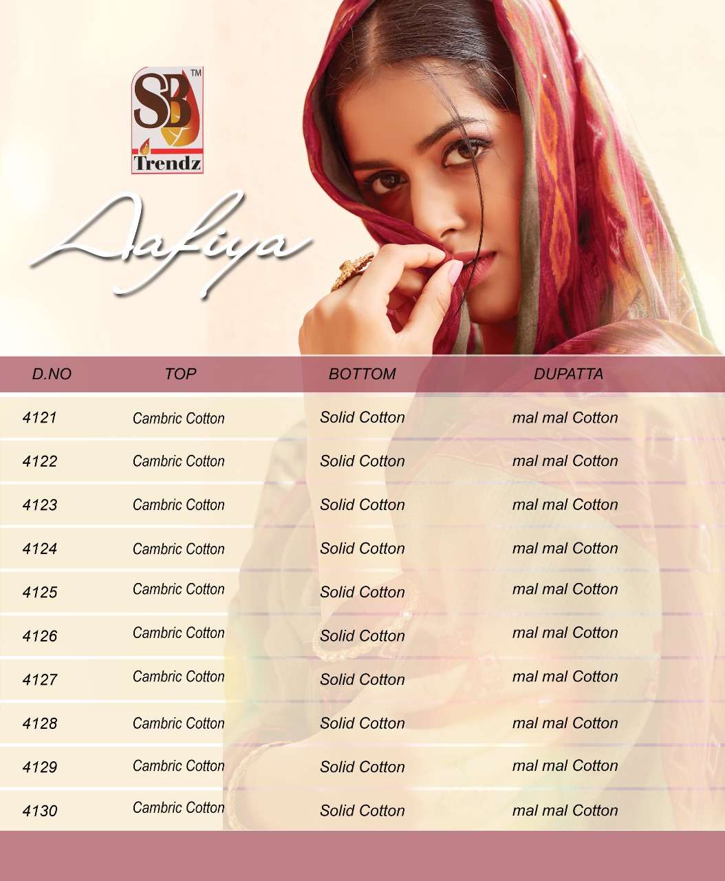 AAFIYA BY SB TRENDZ 4121 TO 4130 SERIES BEAUTIFUL STYLISH SHARARA SUITS FANCY COLORFUL CASUAL WEAR & ETHNIC WEAR & READY TO WEAR CAMBRIC COTTON DRESSES AT WHOLESALE PRICE