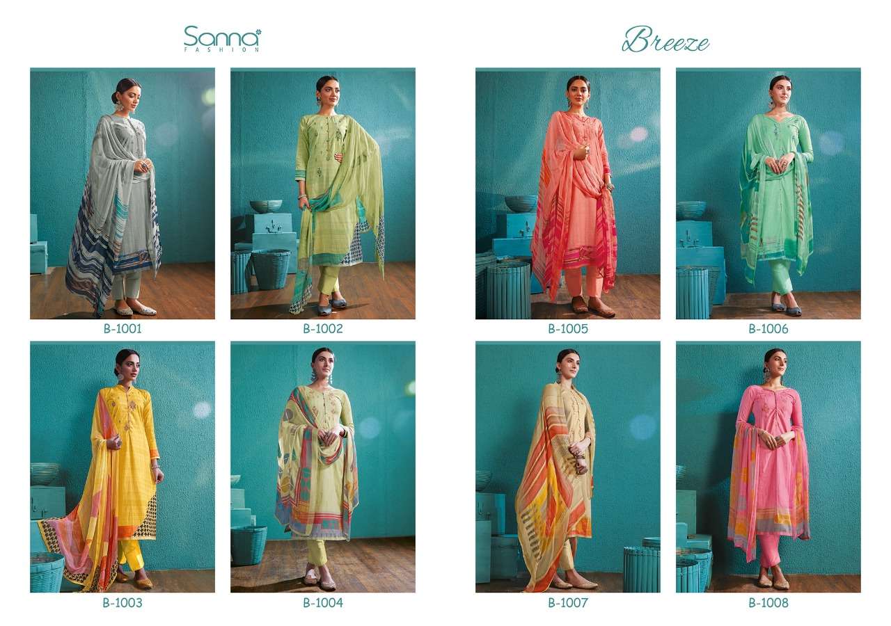 BREEZE BY SANNA FASHION 1001 TO 1008 SERIES BEAUTIFUL SUITS COLLECTION BEAUTIFUL STYLISH FANCY COLORFUL CASUAL WEAR & ETHNIC WEAR PURE COTTON DIGITAL PRINTED DRESSES AT WHOLESALE PRICE