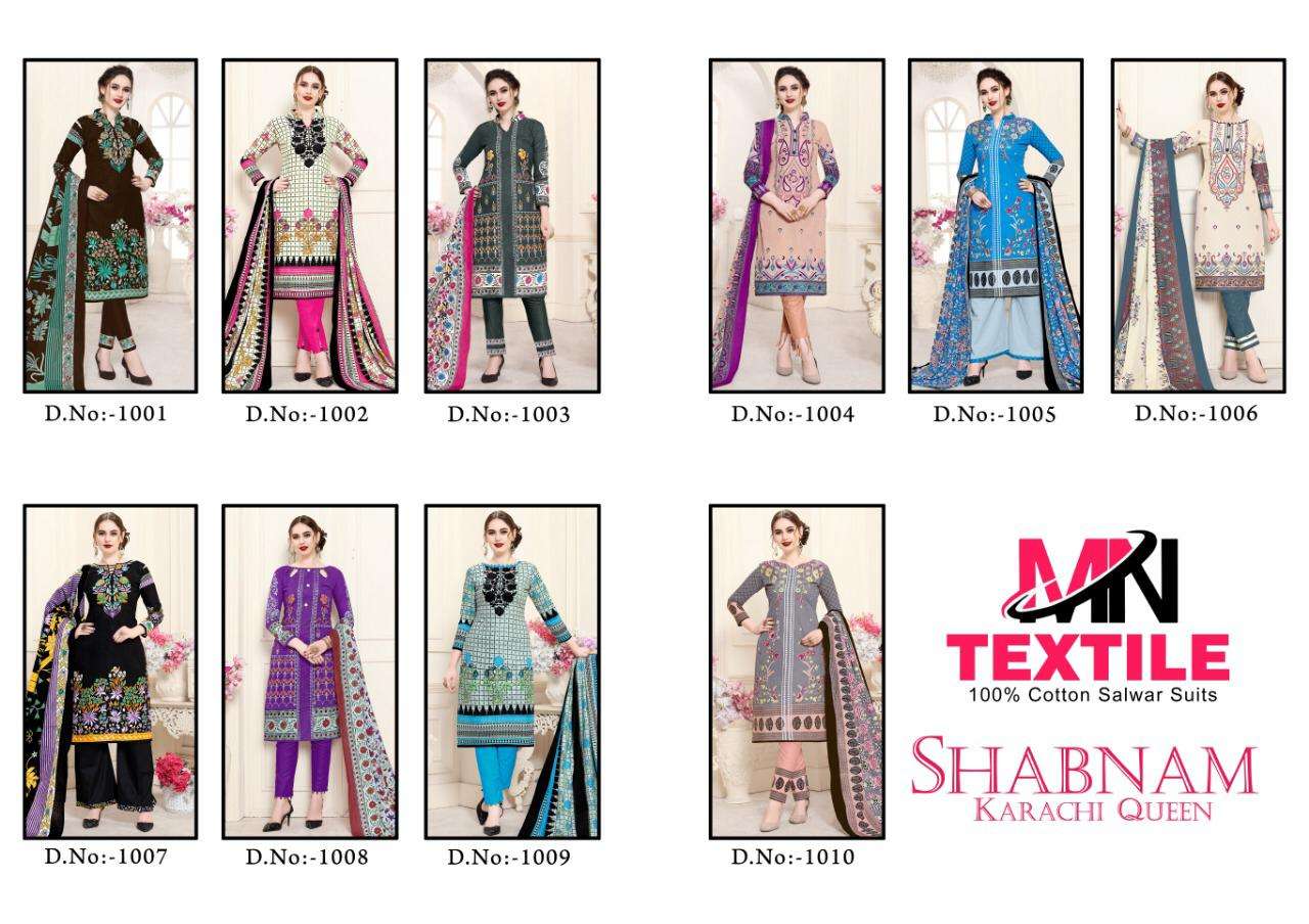 SHABNAM KARACHI QUEEN BY MN TEXTILE 1001 TO 1010 SERIES BEAUTIFUL SUITS STYLISH FANCY COLORFUL PARTY WEAR & OCCASIONAL WEAR COTTON PRINTED DRESSES AT WHOLESALE PRICE