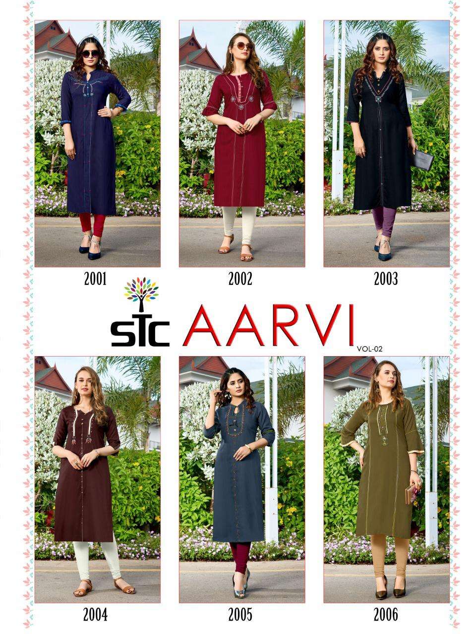 AARVI VOL-2 BY STC 2001 TO 2006 SERIES BEAUTIFUL COLORFUL STYLISH FANCY CASUAL WEAR & ETHNIC WEAR & READY TO WEAR RAYON 14 KG WITH HANDWORK KURTIS AT WHOLESALE PRICE