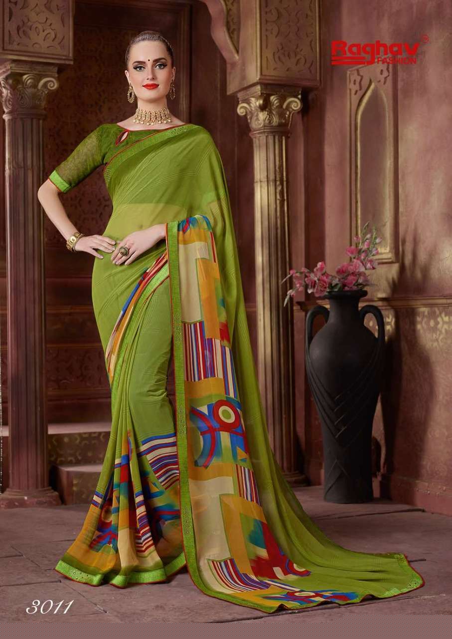 TIARA VOL-2 BY RAGHAV FASHION 3011 TO 3020 SERIES INDIAN TRADITIONAL WEAR COLLECTION BEAUTIFUL STYLISH FANCY COLORFUL PARTY WEAR & OCCASIONAL WEAR WEIGHTLESS PRINTED SAREES AT WHOLESALE PRICE