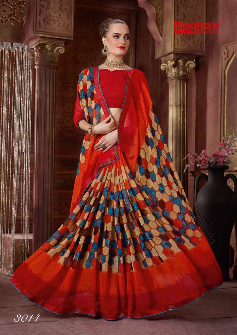 TIARA VOL-2 BY RAGHAV FASHION 3011 TO 3020 SERIES INDIAN TRADITIONAL WEAR COLLECTION BEAUTIFUL STYLISH FANCY COLORFUL PARTY WEAR & OCCASIONAL WEAR WEIGHTLESS PRINTED SAREES AT WHOLESALE PRICE