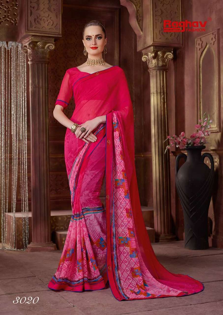 TIARA VOL-2 BY RAGHAV FASHION 3011 TO 3020 SERIES INDIAN TRADITIONAL WEAR COLLECTION BEAUTIFUL STYLISH FANCY COLORFUL PARTY WEAR & OCCASIONAL WEAR WEIGHTLESS PRINTED SAREES AT WHOLESALE PRICE