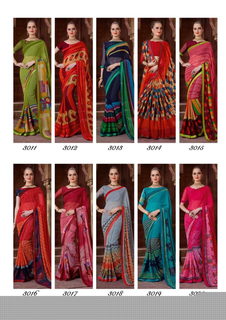 TIARA VOL-2 BY RAGHAV FASHION 3011 TO 3020 SERIES INDIAN TRADITIONAL WEAR COLLECTION BEAUTIFUL STYLISH FANCY COLORFUL PARTY WEAR & OCCASIONAL WEAR WEIGHTLESS PRINTED SAREES AT WHOLESALE PRICE