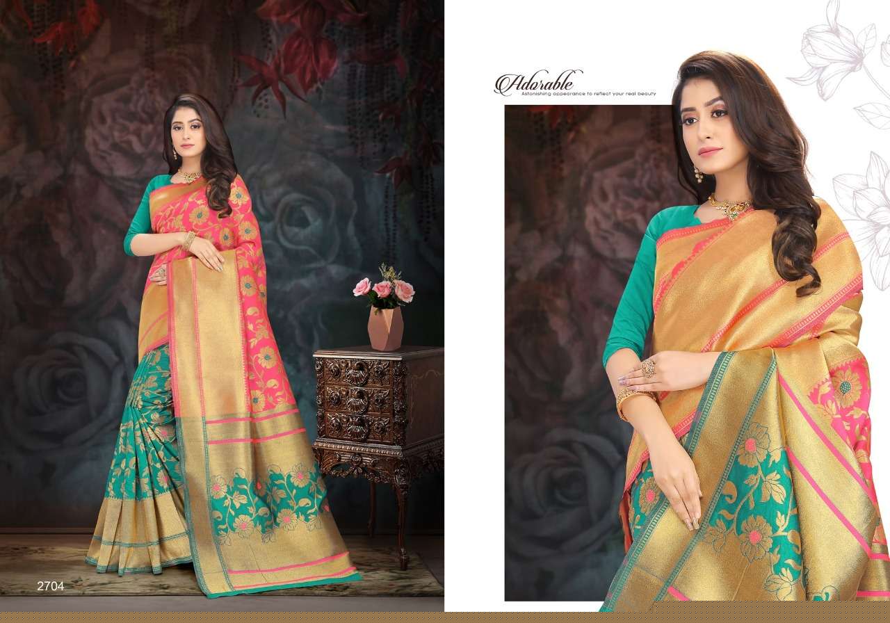 AUDI SILK BY RAGHAV FASHION 2701 TO 2706 SERIES INDIAN TRADITIONAL WEAR COLLECTION BEAUTIFUL STYLISH FANCY COLORFUL PARTY WEAR & OCCASIONAL WEAR SILK JACQUARD PRINTED SAREES AT WHOLESALE PRICE