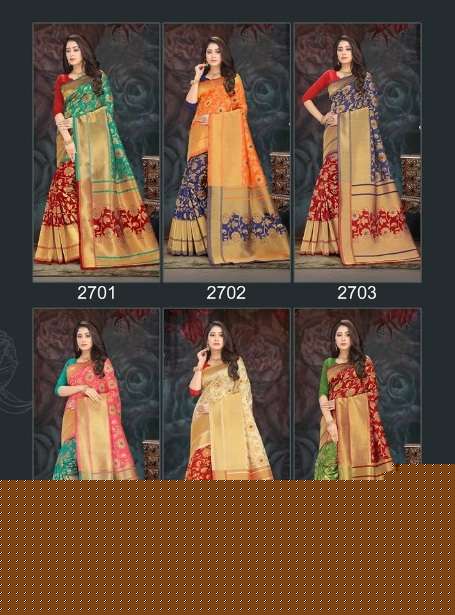 AUDI SILK BY RAGHAV FASHION 2701 TO 2706 SERIES INDIAN TRADITIONAL WEAR COLLECTION BEAUTIFUL STYLISH FANCY COLORFUL PARTY WEAR & OCCASIONAL WEAR SILK JACQUARD PRINTED SAREES AT WHOLESALE PRICE