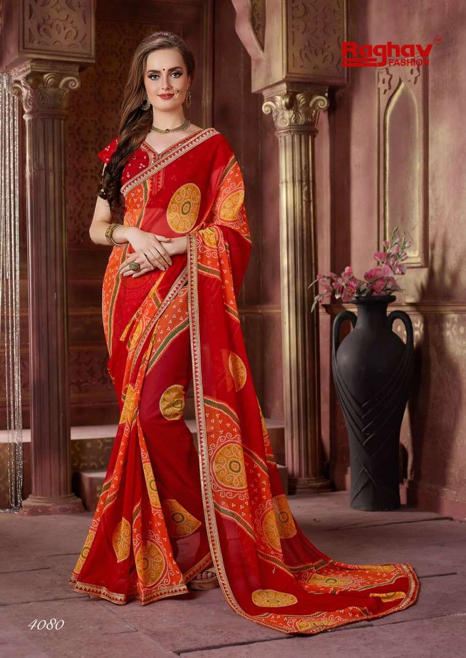 GANGOR VOL-8 BY RAGHAV FASHION 4071 TO 4080 SERIES INDIAN TRADITIONAL WEAR COLLECTION BEAUTIFUL STYLISH FANCY COLORFUL PARTY WEAR & OCCASIONAL WEAR GEORGETTE PRINTED SAREES AT WHOLESALE PRICE