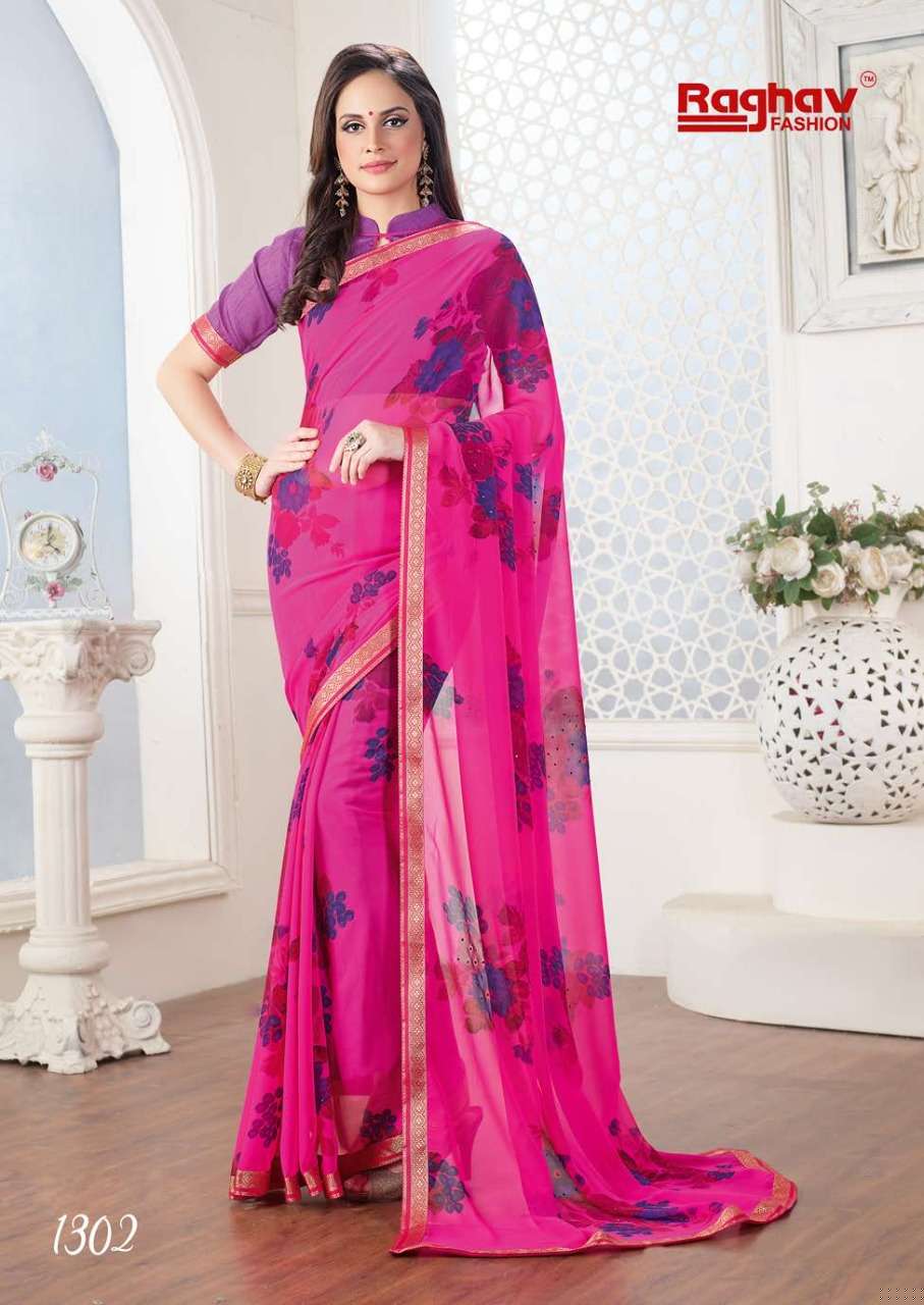 GALAXY BY RAGHAV FASHION 1301 TO 1308 SERIES INDIAN TRADITIONAL WEAR COLLECTION BEAUTIFUL STYLISH FANCY COLORFUL PARTY WEAR & OCCASIONAL WEAR GEORGETTE PRINTED SAREES AT WHOLESALE PRICE