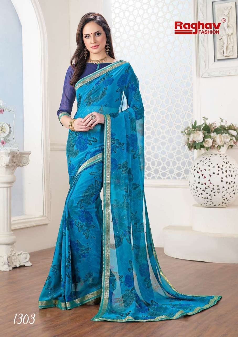 GALAXY BY RAGHAV FASHION 1301 TO 1308 SERIES INDIAN TRADITIONAL WEAR COLLECTION BEAUTIFUL STYLISH FANCY COLORFUL PARTY WEAR & OCCASIONAL WEAR GEORGETTE PRINTED SAREES AT WHOLESALE PRICE